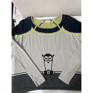 Artsy, Animal Theme , Owl Graphic, Gray Navy Yellow, Pullover, Scoop Neck, L